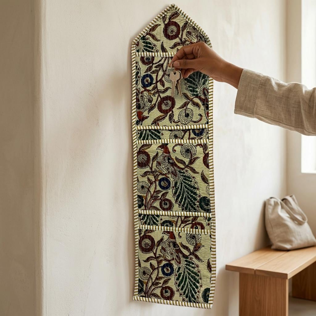 Kalamkari Fabric Wall Hanging Organizer, Handcrafted Cotton Pocket Storage, Beige Bird Decor Holder