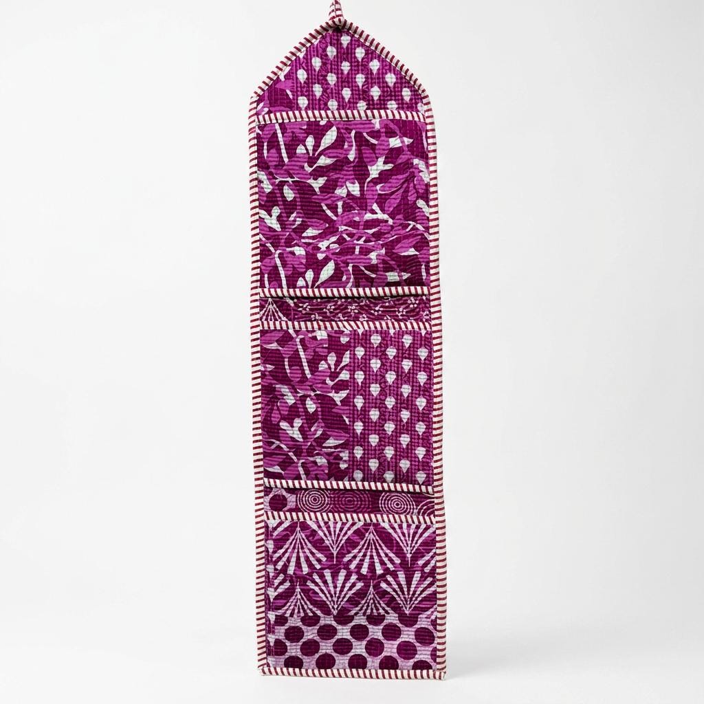 Purple Fabric Wall Hanging Organizer, Handcrafted Cotton Pocket Storage, Magenta Patchwork Decor Holder