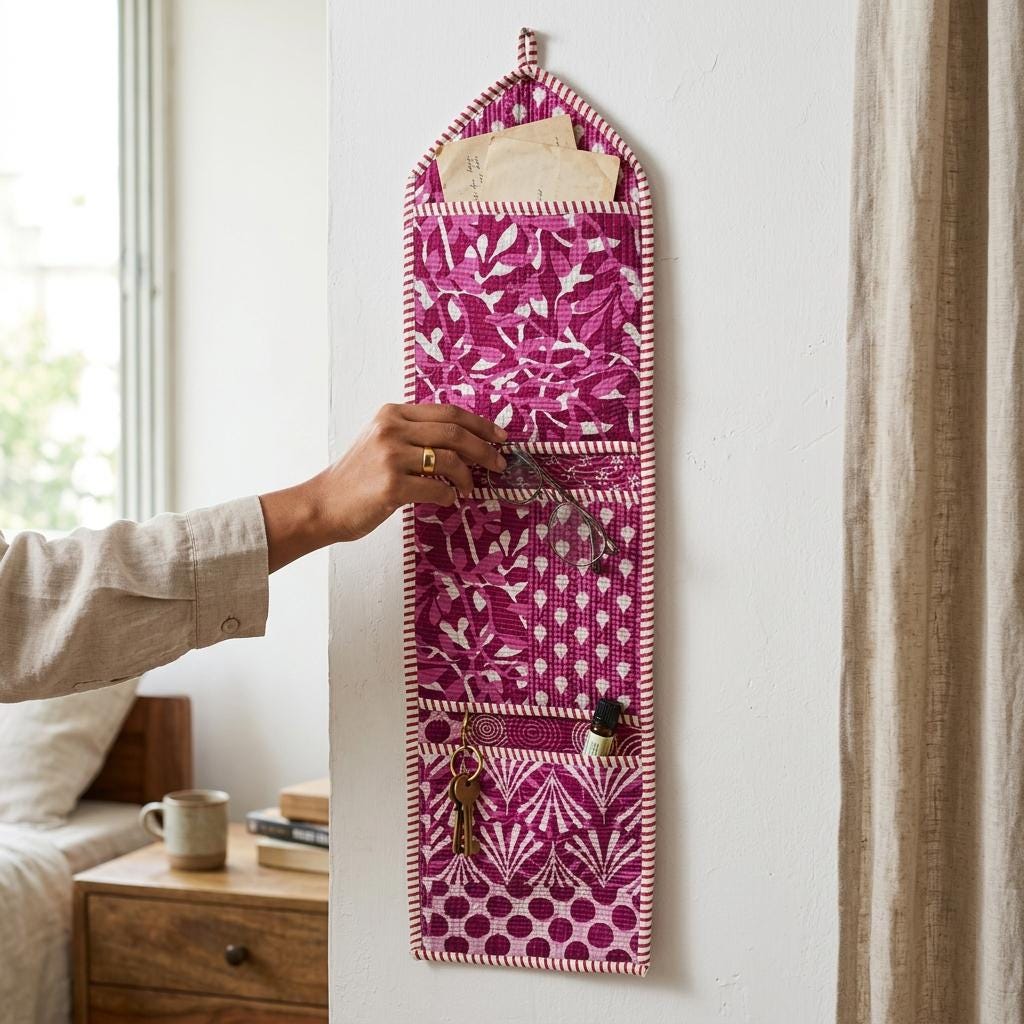 Purple Fabric Wall Hanging Organizer, Handcrafted Cotton Pocket Storage, Magenta Patchwork Decor Holder