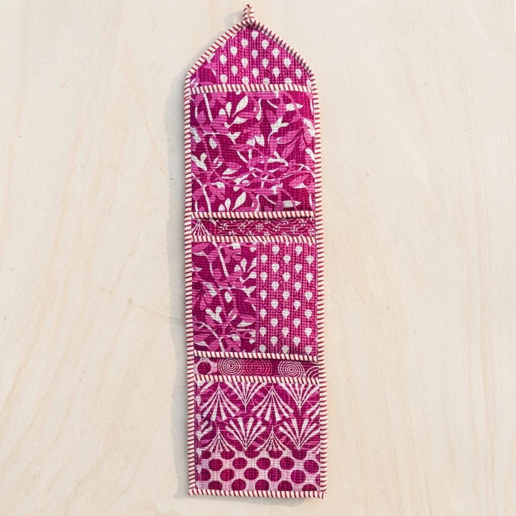 Purple Fabric Wall Hanging Organizer, Handcrafted Cotton Pocket Storage, Magenta Patchwork Decor Holder