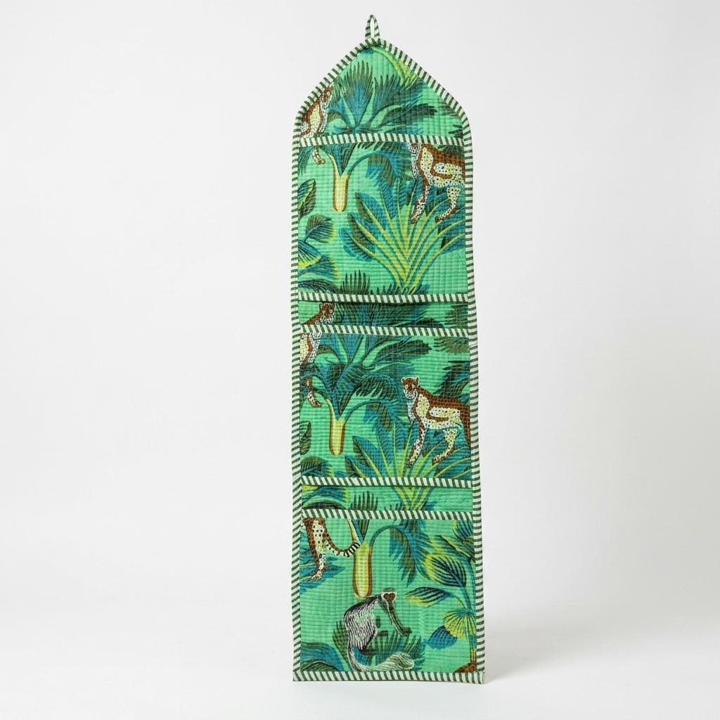 Green Fabric Wall Hanging Organizer, Handcrafted Cotton Pocket Storage, Safari Jungle Decor Holder