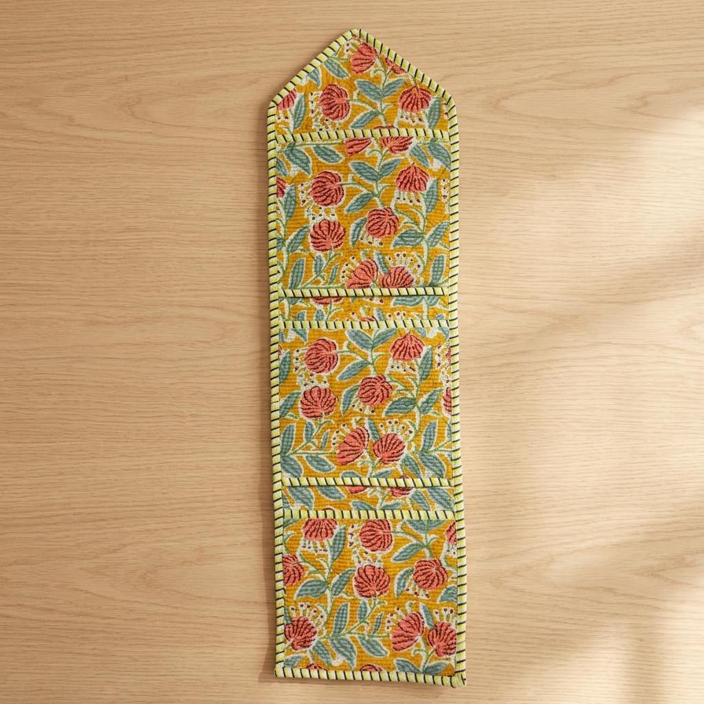 Yellow Floral Fabric Wall Hanging Organizer, Handcrafted Cotton Pocket Storage, Mustard Decor Holder