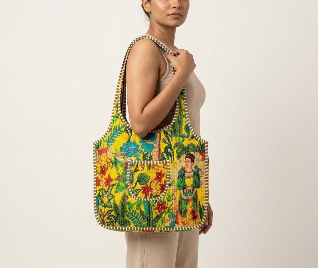 Quilted Cotton Frida Tropical Print Hobo Tote Bag Yellow Handmade Shoulder Shopper Women