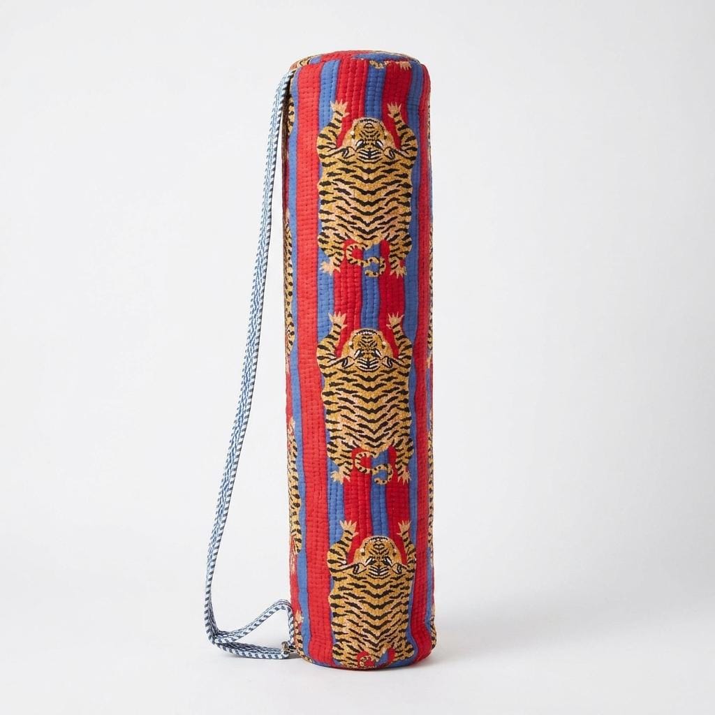 Red Blue Tiger Quilted Yoga Mat Bag, Handcrafted Cotton Pilates Carrier, Functional Workout Purse