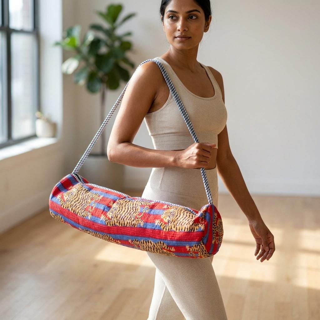 Red Blue Tiger Quilted Yoga Mat Bag, Handcrafted Cotton Pilates Carrier, Functional Workout Purse