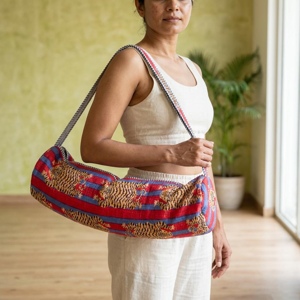 Red Blue Tiger Quilted Yoga Mat Bag, Handcrafted Cotton Pilates Carrier, Functional Workout Purse