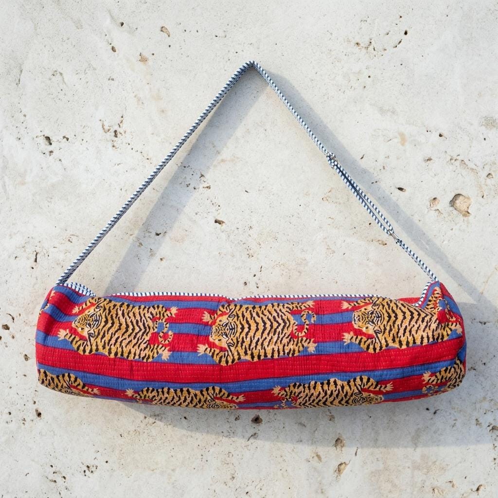 Red Blue Tiger Quilted Yoga Mat Bag, Handcrafted Cotton Pilates Carrier, Functional Workout Purse