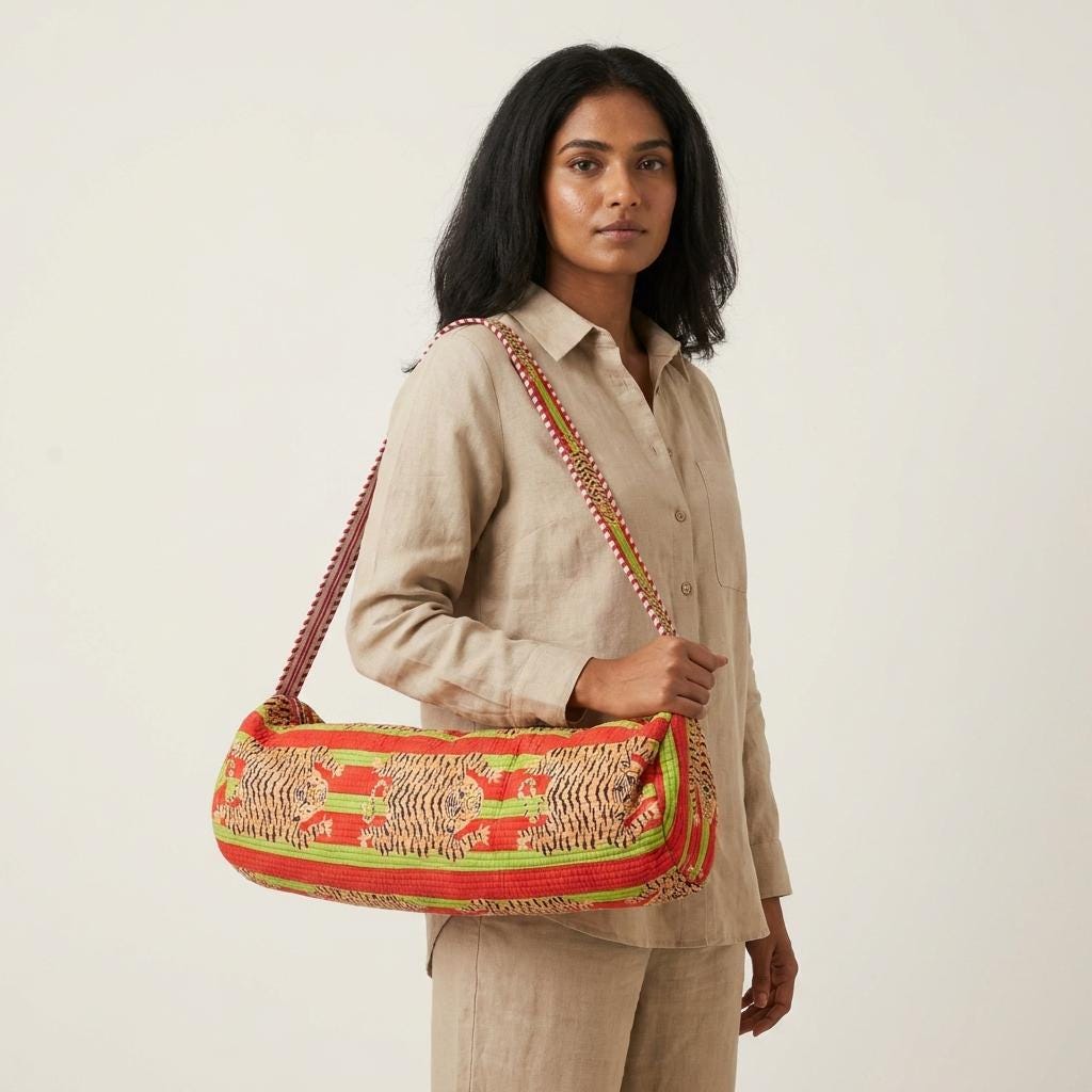 Red Green Tiger Quilted Yoga Mat Bag, Handcrafted Cotton Pilates Carrier, Functional Workout Purse