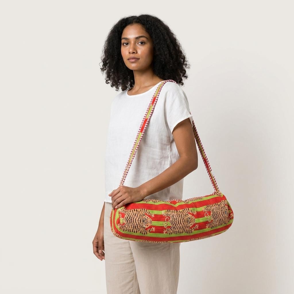 Red Green Tiger Quilted Yoga Mat Bag, Handcrafted Cotton Pilates Carrier, Functional Workout Purse