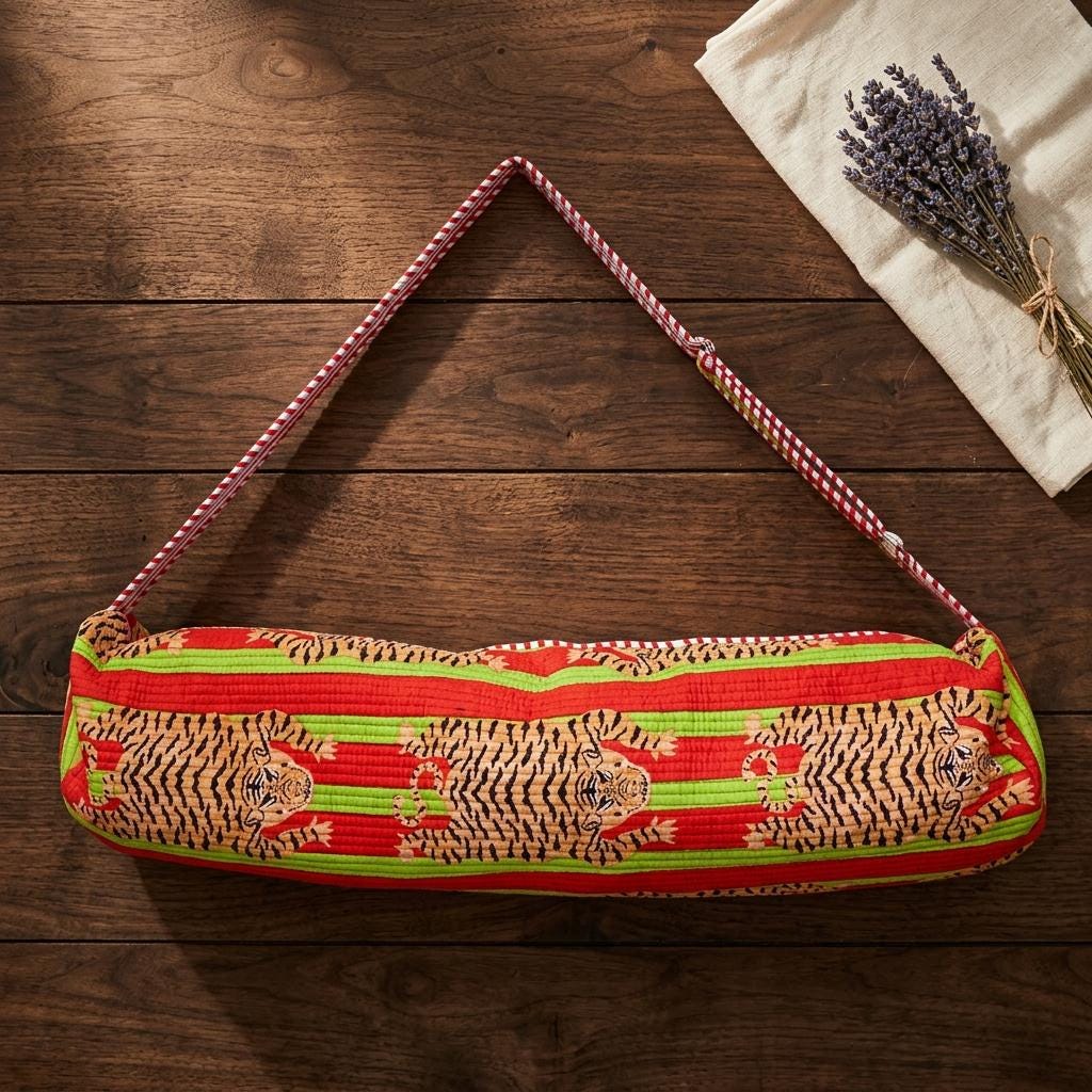 Red Green Tiger Quilted Yoga Mat Bag, Handcrafted Cotton Pilates Carrier, Functional Workout Purse