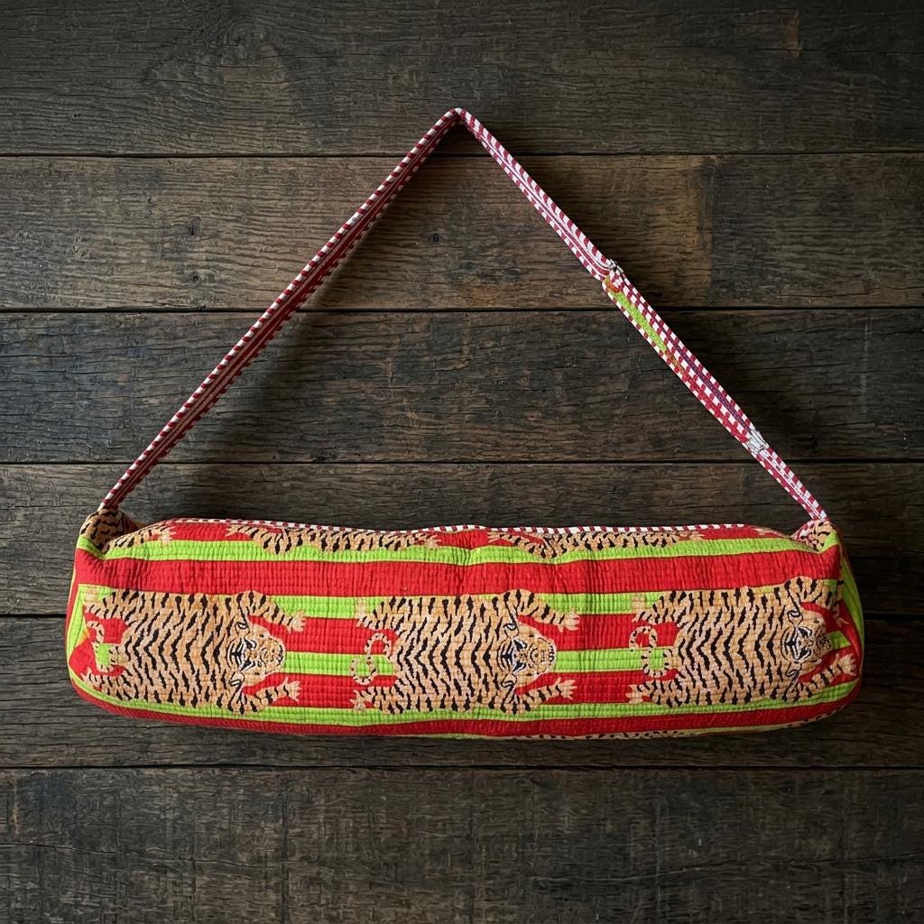 Red Green Tiger Quilted Yoga Mat Bag, Handcrafted Cotton Pilates Carrier, Functional Workout Purse