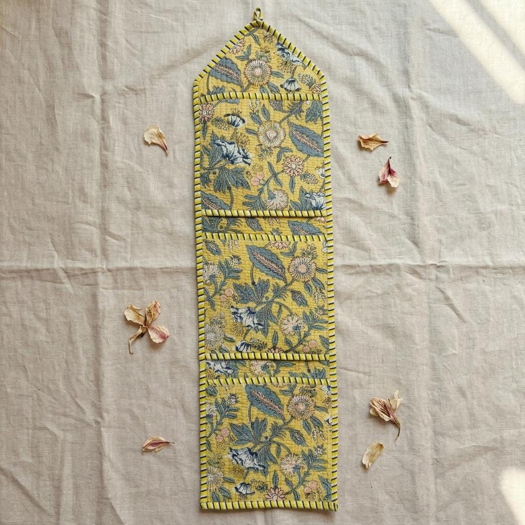 Yellow Floral Quilted Wall Hanging Organizer, Handcrafted Cotton Pocket Storage, Patterned Office Home Pocketbook