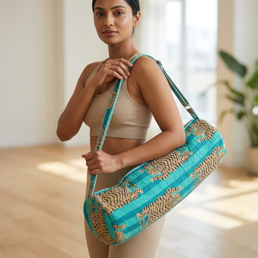 Quilted Cotton Tiger Print Yoga Mat Bag Turquoise Striped Handmade Gym Carry Strap