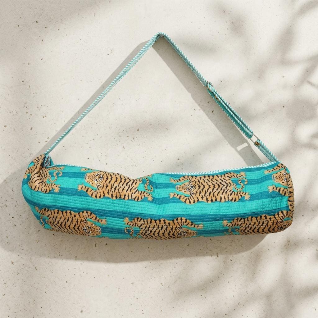 Quilted Cotton Tiger Print Yoga Mat Bag Turquoise Striped Handmade Gym Carry Strap