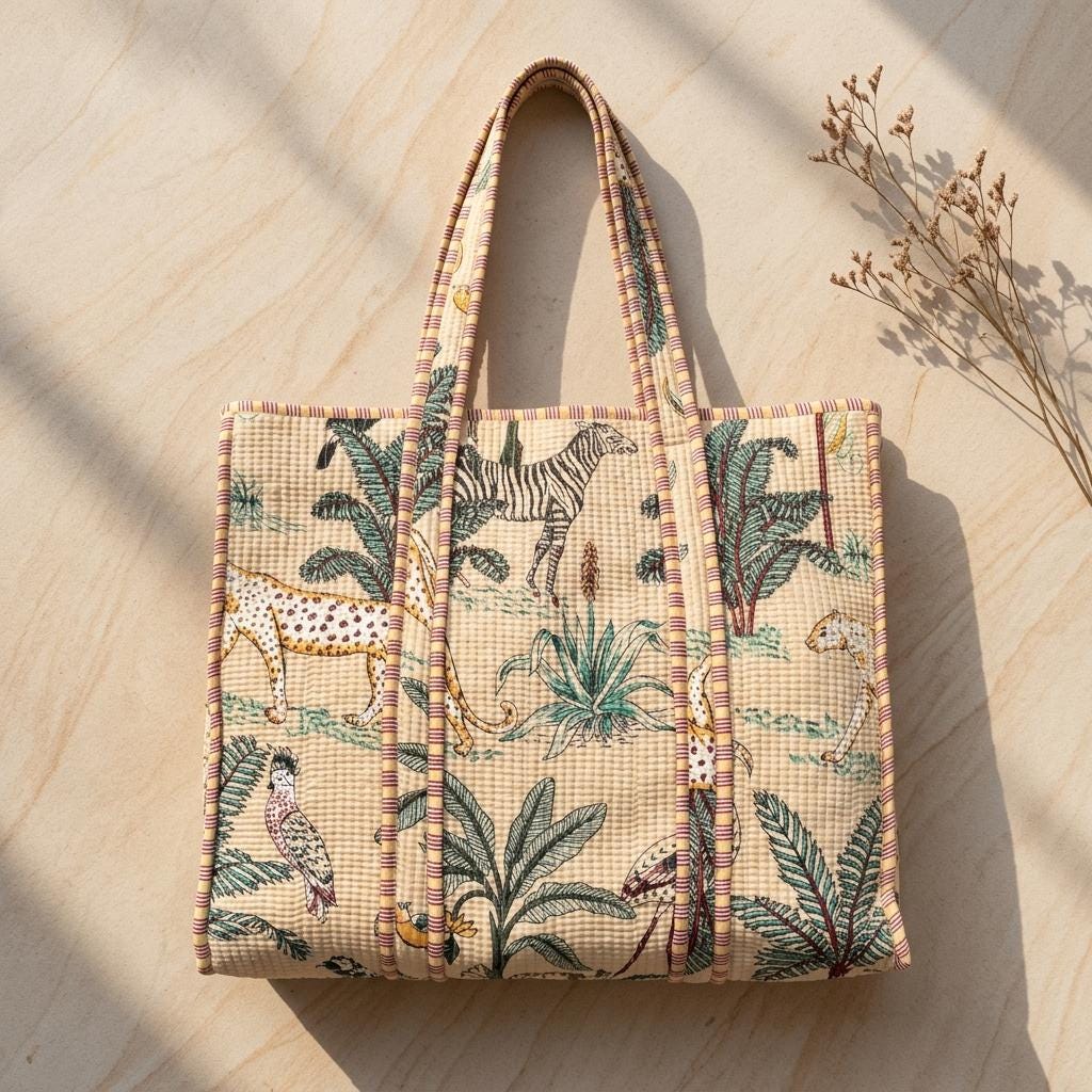 Quilted Cotton Safari Animal Print Tote Bag Zebra Jungle Handmade Shopper Women