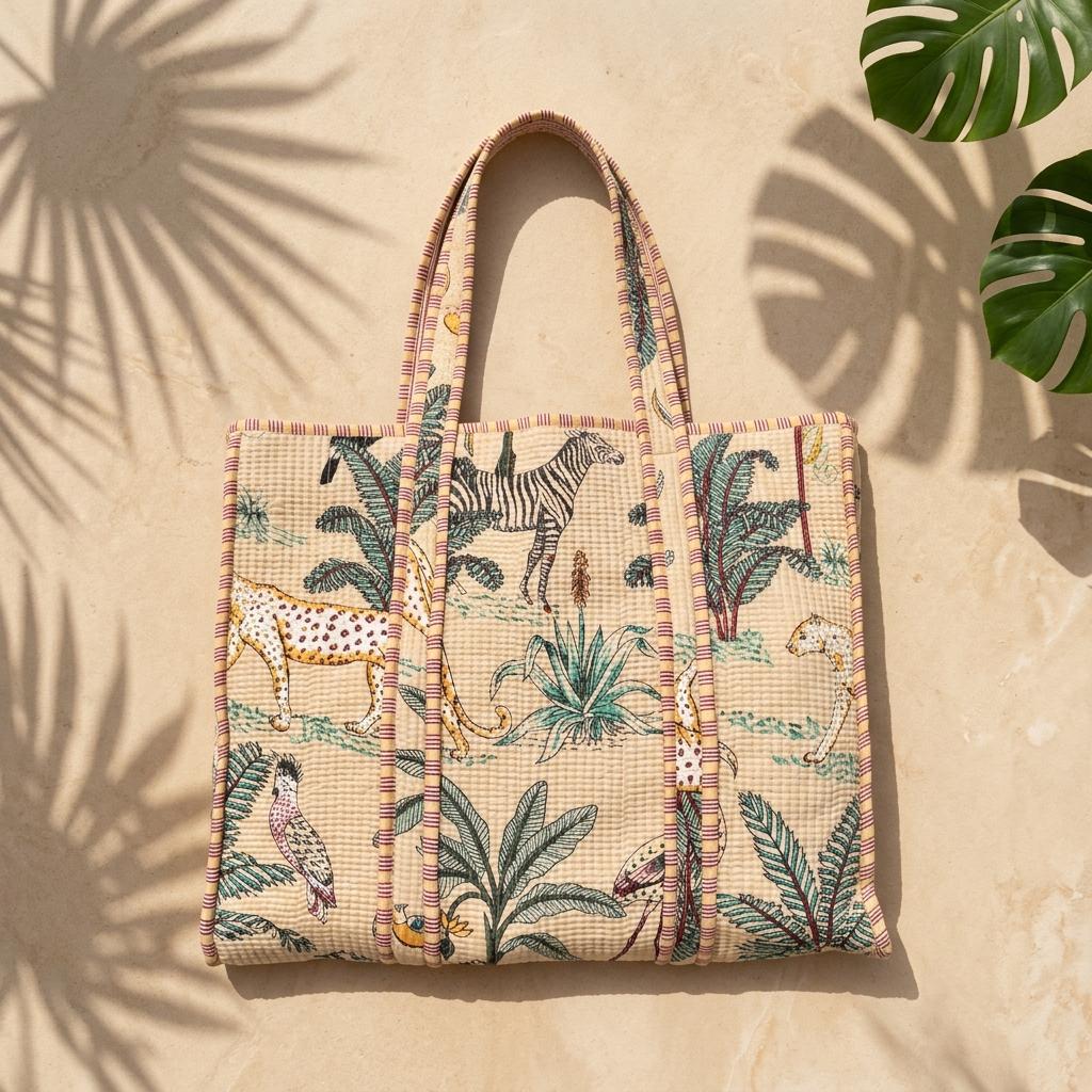 Quilted Cotton Safari Animal Print Tote Bag Zebra Jungle Handmade Shopper Women
