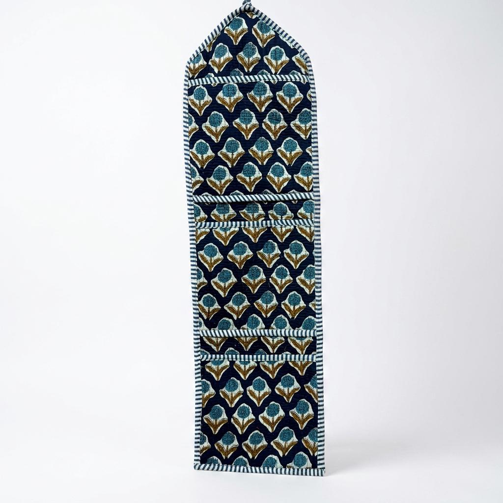 Blue Indigo Quilted Wall Hanging Organizer, Handcrafted Cotton Pocket Storage, Patterned Office Home Pocketbook