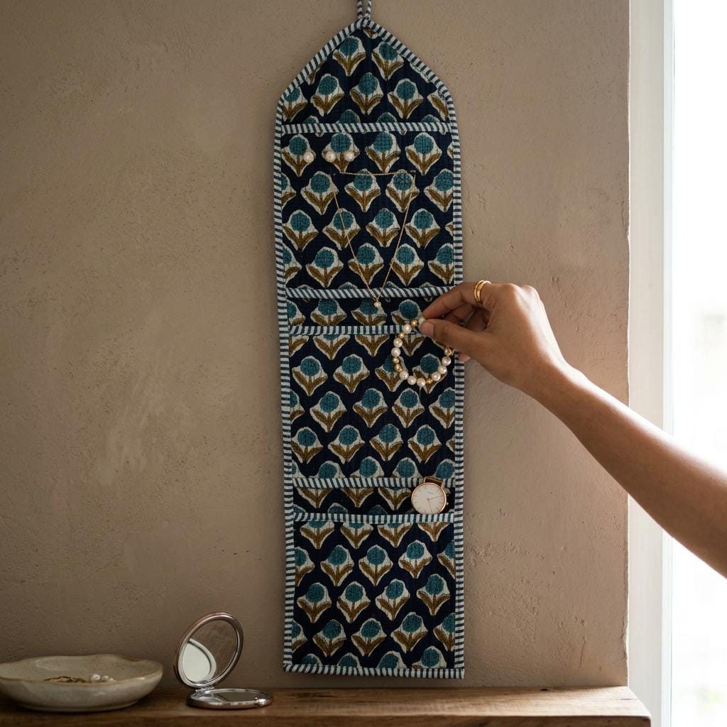 Blue Indigo Quilted Wall Hanging Organizer, Handcrafted Cotton Pocket Storage, Patterned Office Home Pocketbook