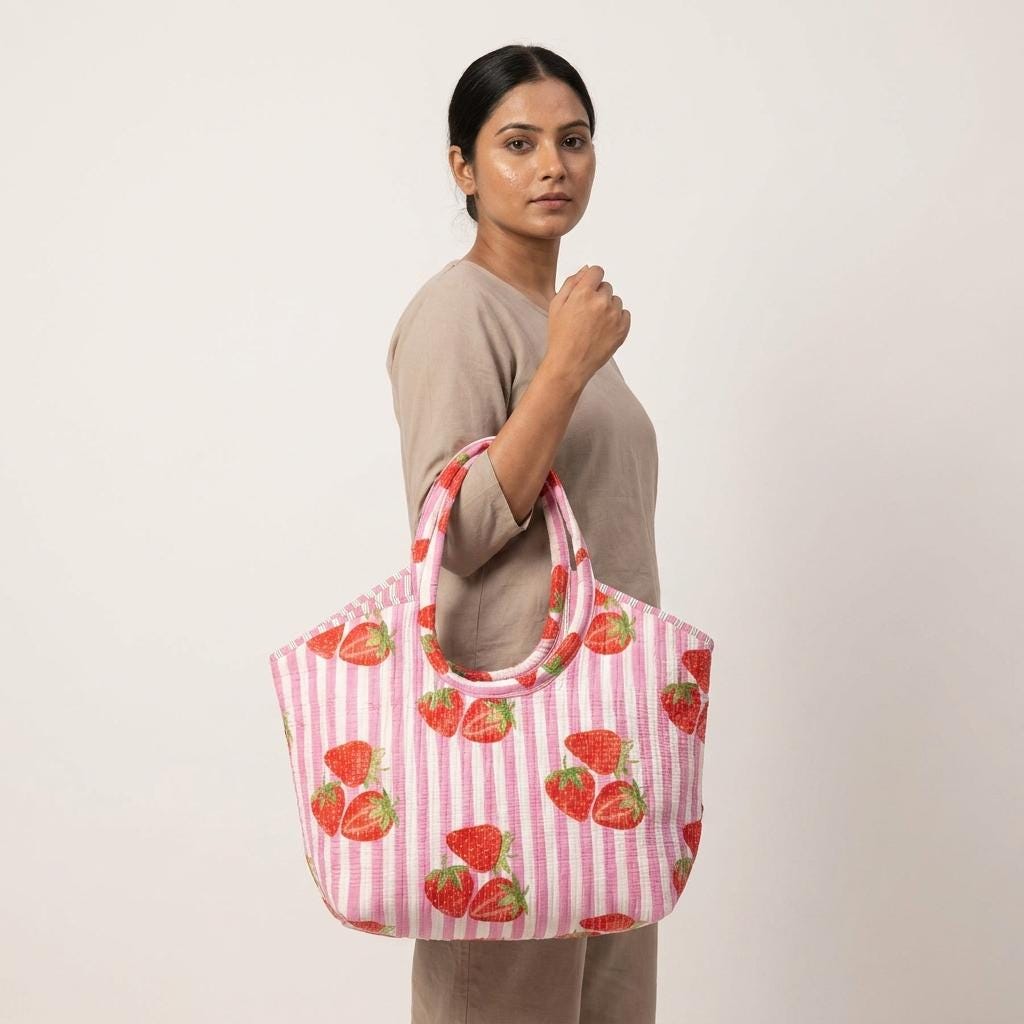 Pink Strawberry Quilted Cotton Tote Bag, Handcrafted Shoulder Shopper Purse, Striped Travel Handbag