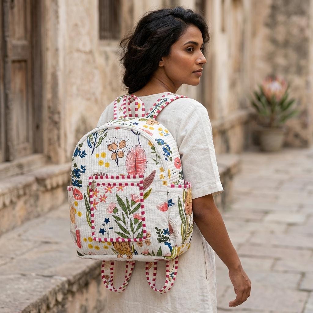 Floral Quilted Cotton Backpack Bag, Handcrafted Travel Rucksack Purse, Patterned School Laptop Handbag