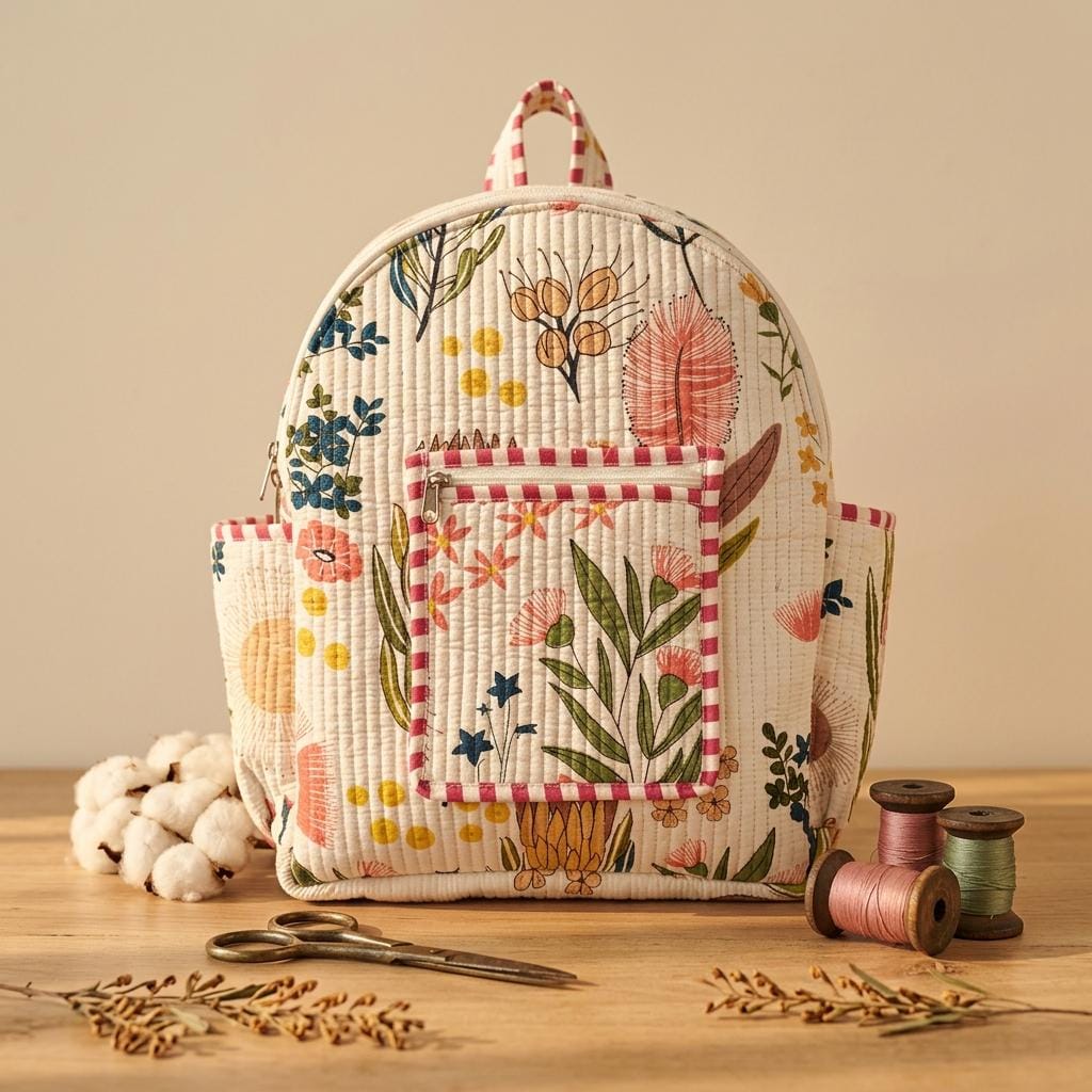 Floral Quilted Cotton Backpack Bag, Handcrafted Travel Rucksack Purse, Patterned School Laptop Handbag