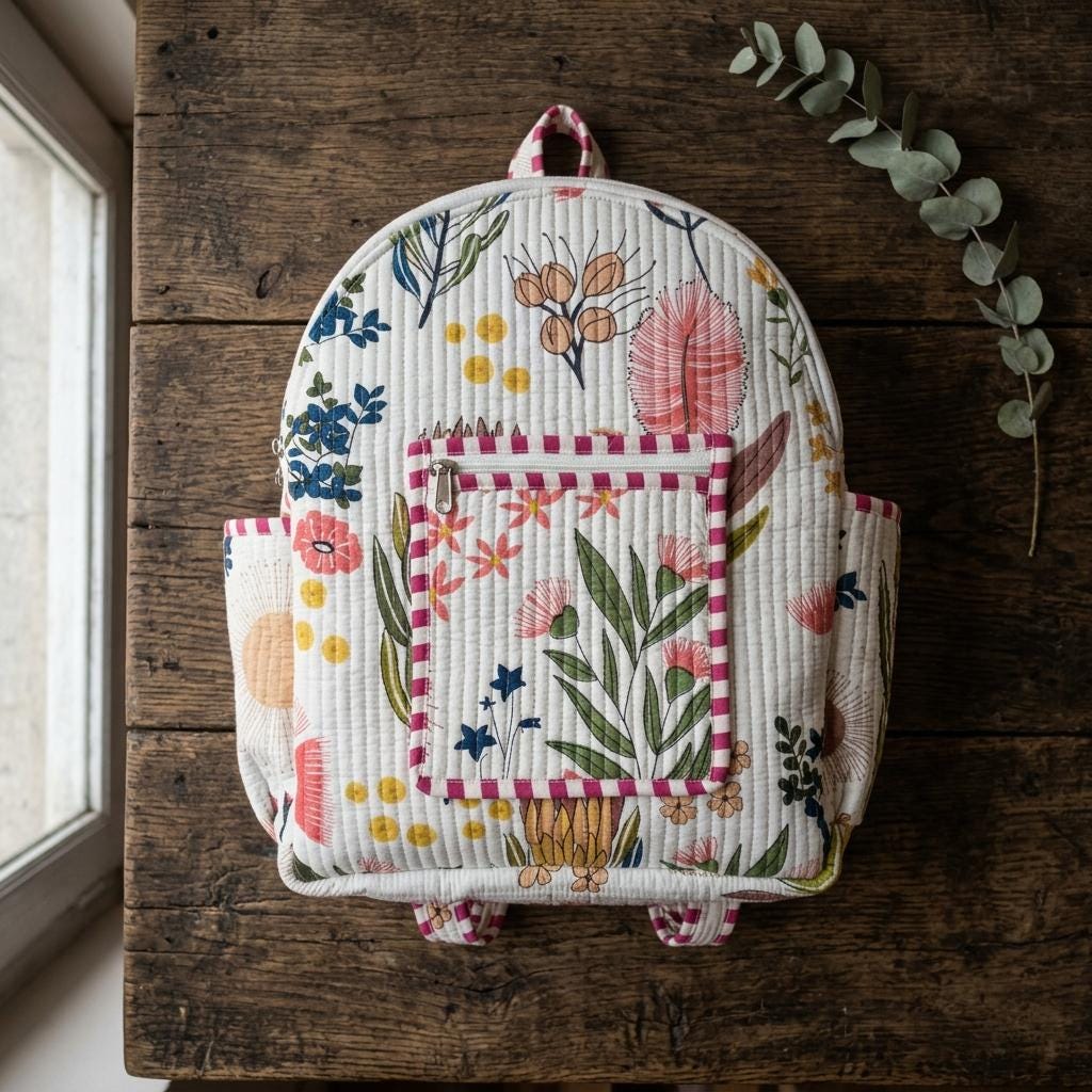 Floral Quilted Cotton Backpack Bag, Handcrafted Travel Rucksack Purse, Patterned School Laptop Handbag