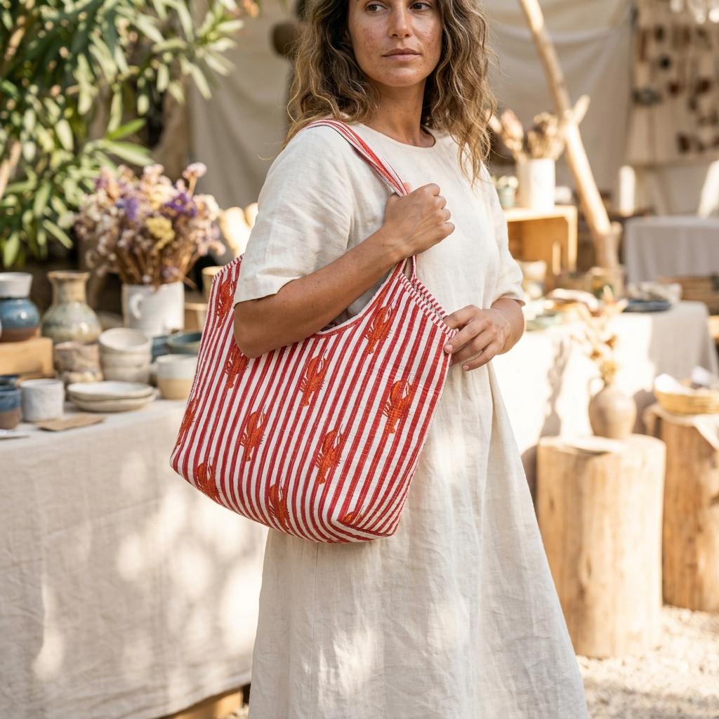Quilted Red Striped Lobster Print Cotton Tote Bag Handmade Shoulder Beach Purse Gift Her