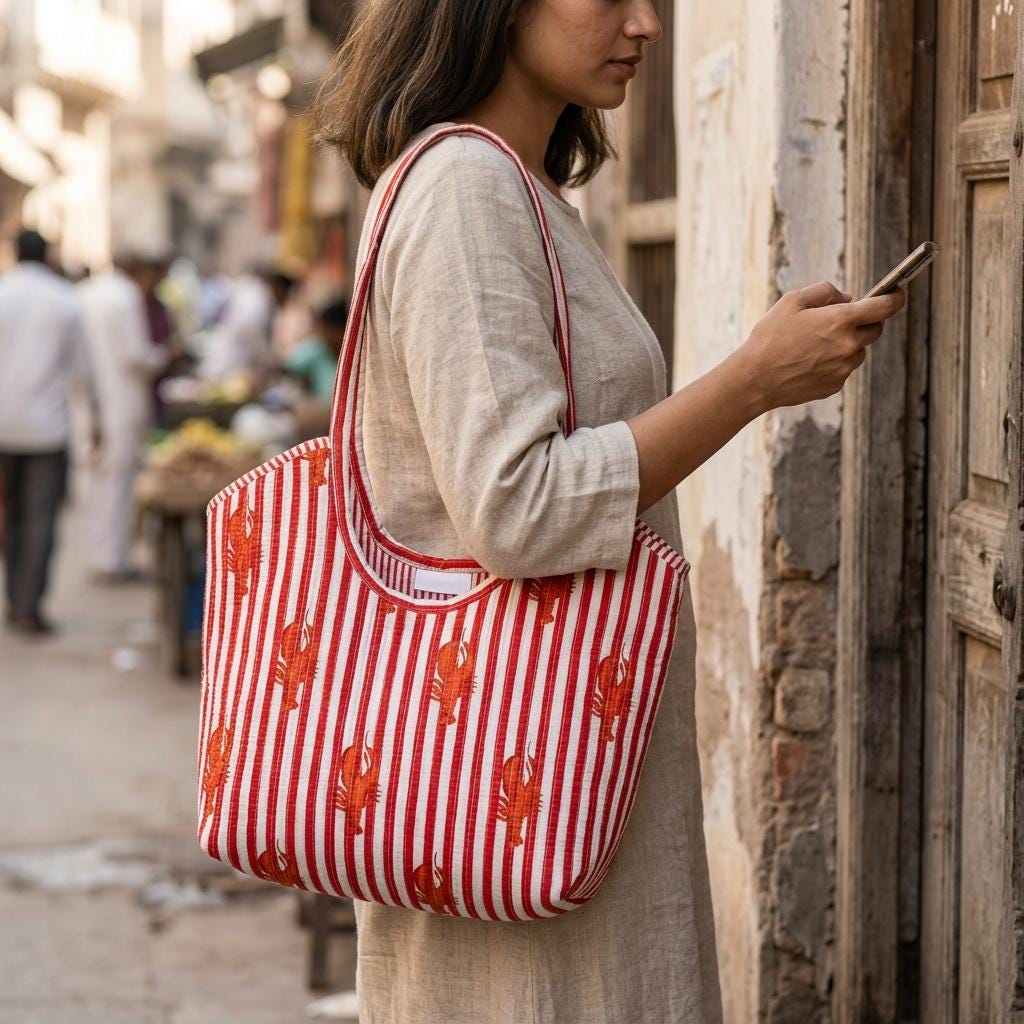 Quilted Red Striped Lobster Print Cotton Tote Bag Handmade Shoulder Beach Purse Gift Her