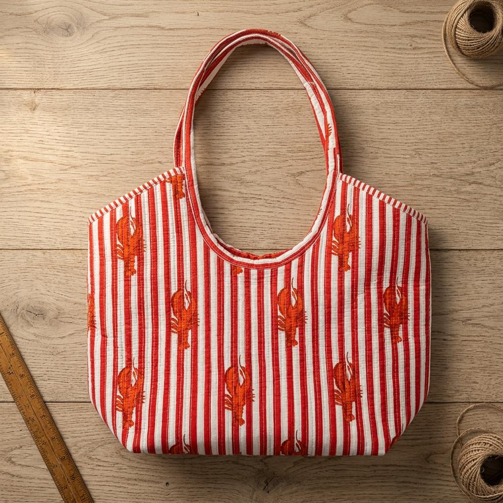 Quilted Red Striped Lobster Print Cotton Tote Bag Handmade Shoulder Beach Purse Gift Her