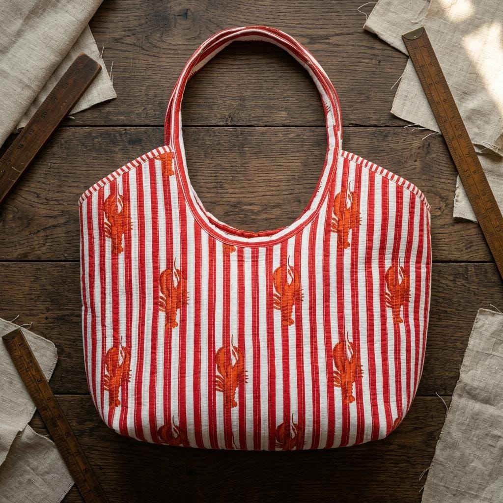 Quilted Red Striped Lobster Print Cotton Tote Bag Handmade Shoulder Beach Purse Gift Her
