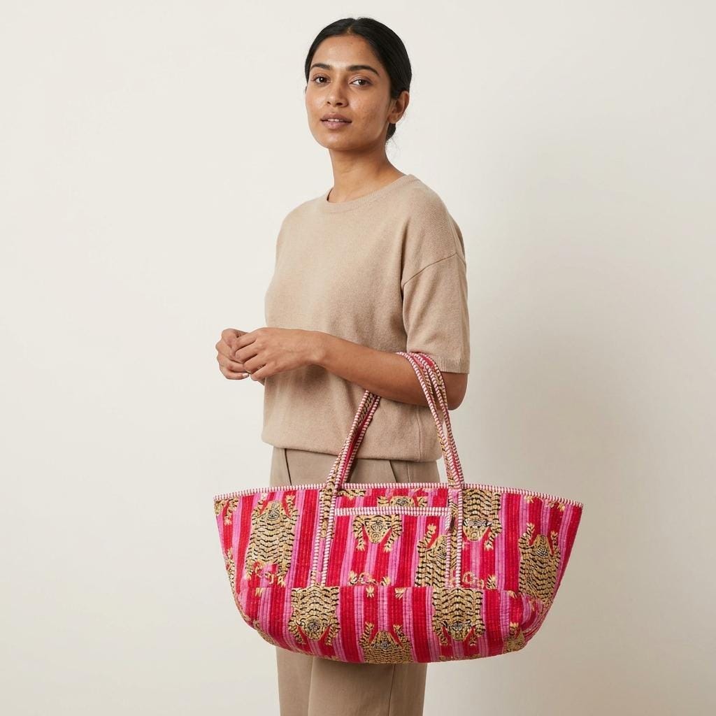Quilted Pink Tiger Cotton Yoga Tote Bag Handmade Pilates Mat Carrier Gift For Her