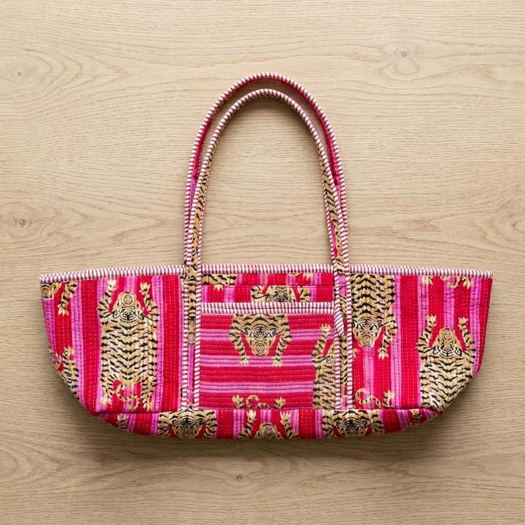 Quilted Pink Tiger Cotton Yoga Tote Bag Handmade Pilates Mat Carrier Gift For Her