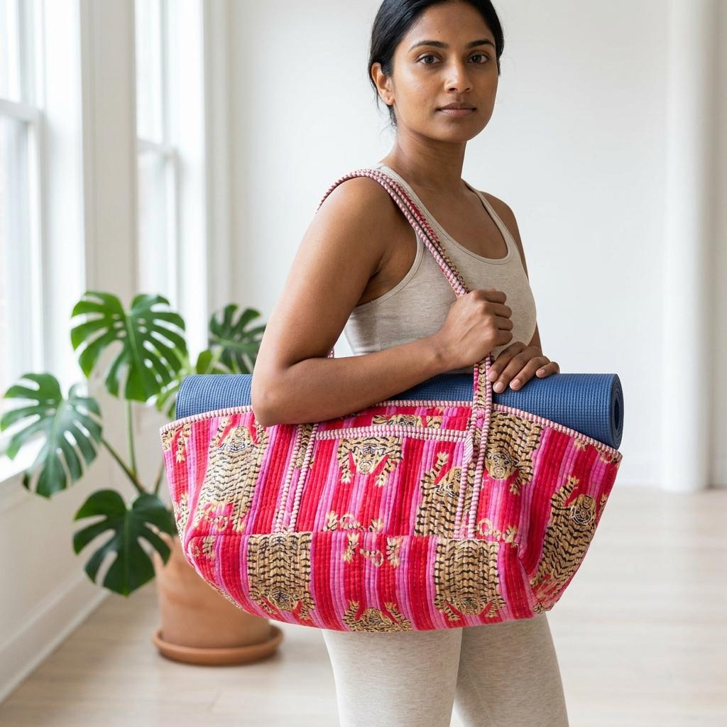 Quilted Pink Tiger Cotton Yoga Tote Bag Handmade Pilates Mat Carrier Gift For Her