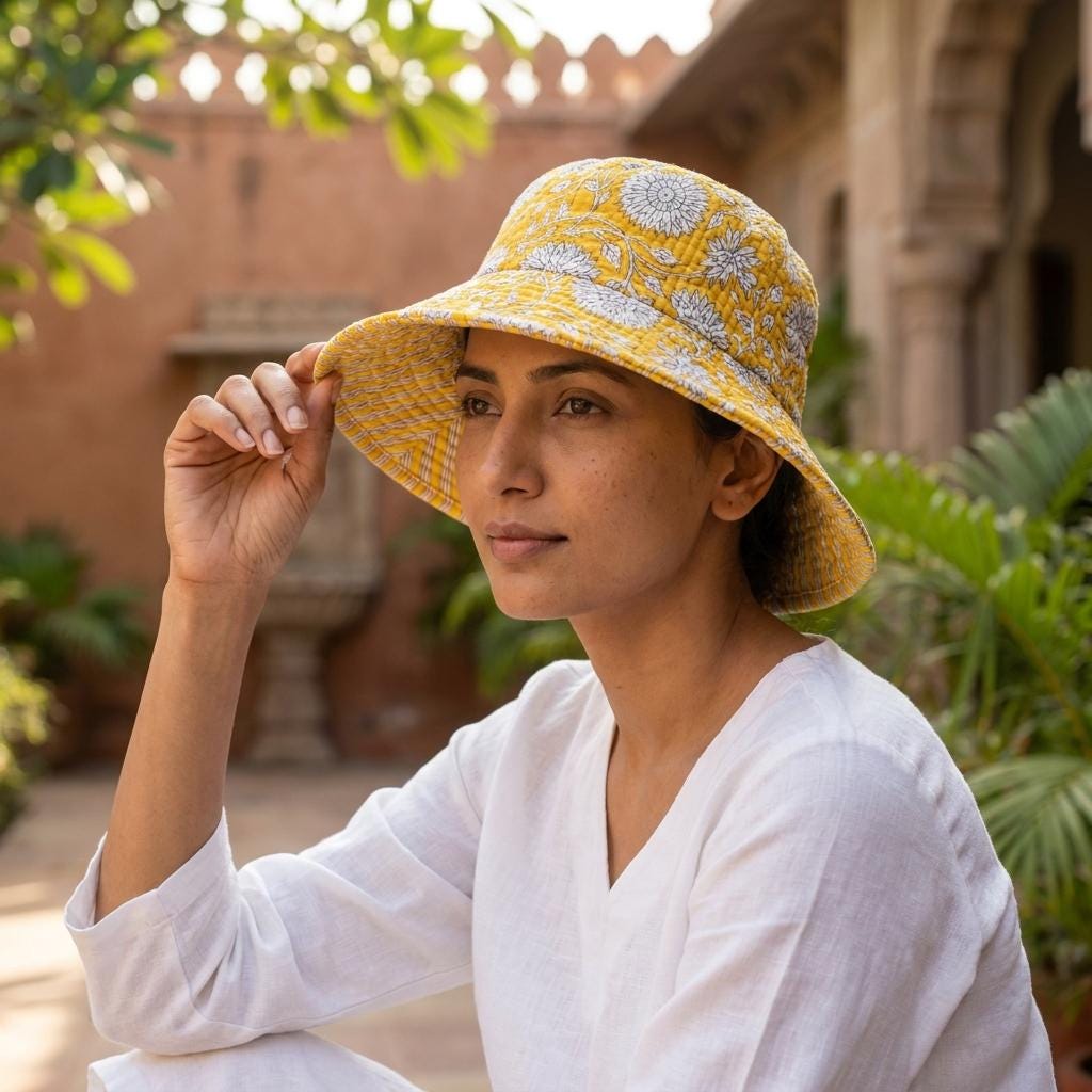 Yellow Floral Quilted Cotton Sun Hat, Handcrafted Wide Brim Bucket Cap, Summer Travel Headwear