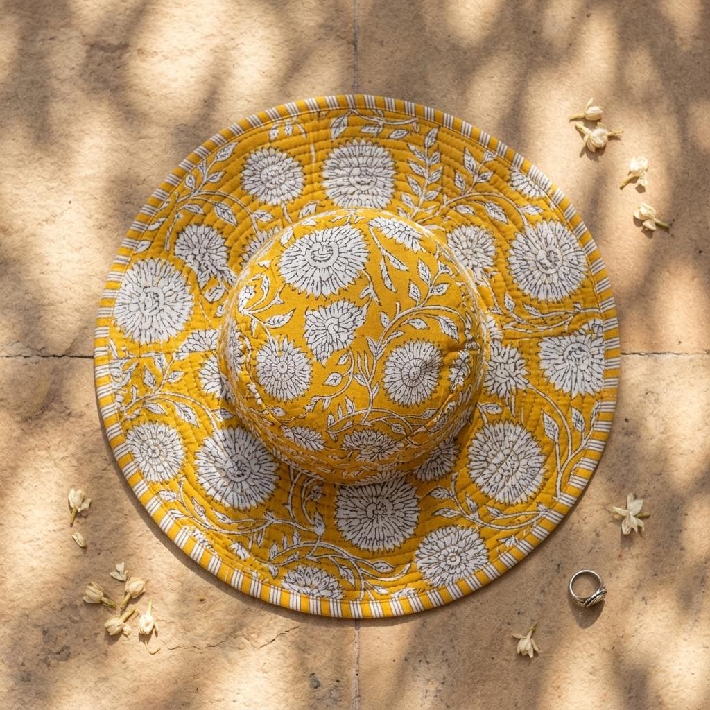 Yellow Floral Quilted Cotton Sun Hat, Handcrafted Wide Brim Bucket Cap, Summer Travel Headwear