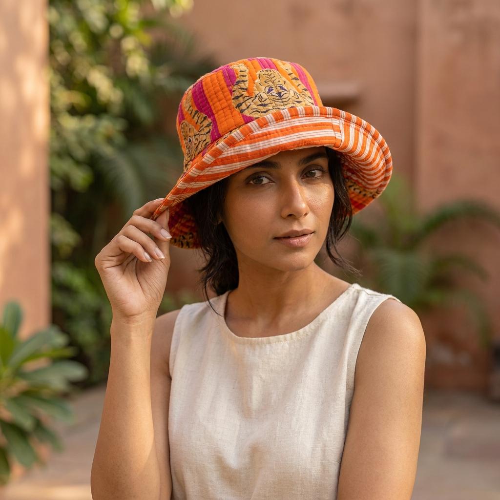 Orange Tiger Quilted Cotton Sun Hat, Handcrafted Wide Brim Bucket Cap, Summer Travel Headwear