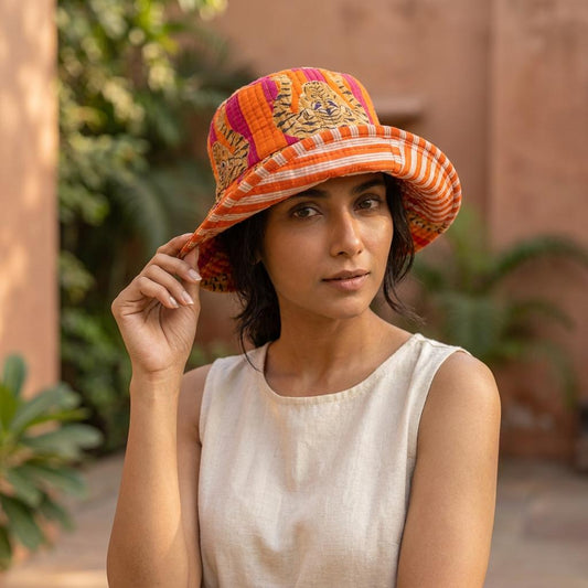 Orange Tiger Quilted Cotton Sun Hat, Handcrafted Wide Brim Bucket Cap, Summer Travel Headwear - Taxocrafts