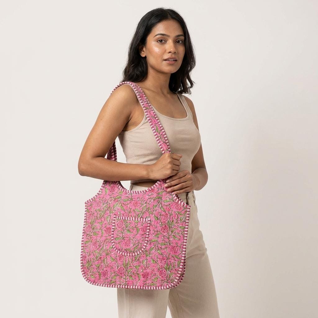 Pink Floral Quilted Cotton Tote Bag, Handcrafted Shoulder Shopper Purse, Striped Travel Handbag