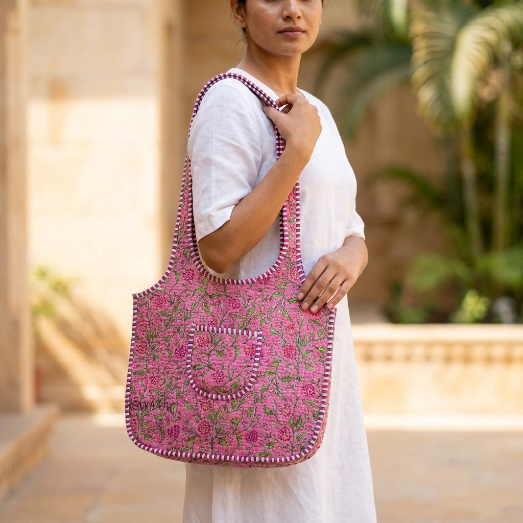 Pink Floral Quilted Cotton Tote Bag, Handcrafted Shoulder Shopper Purse, Striped Travel Handbag