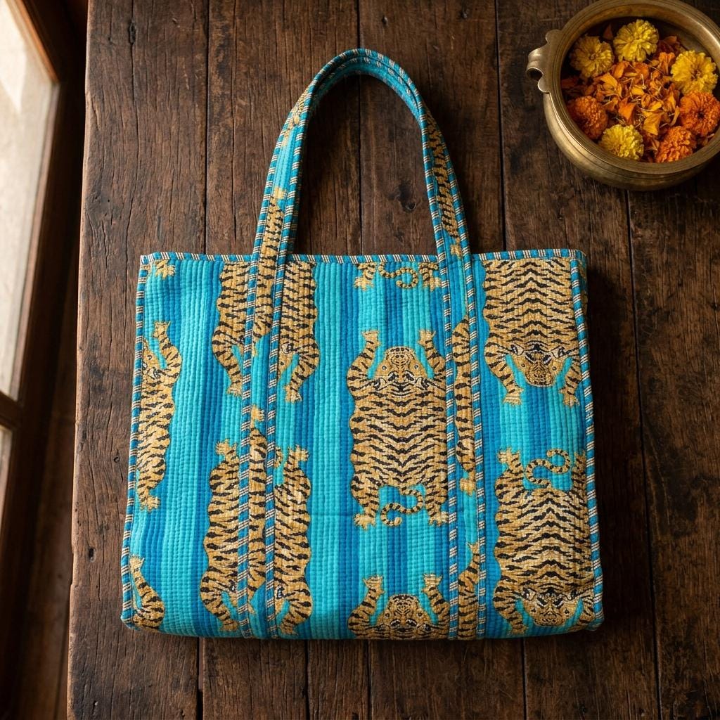 Blue Tiger Quilted Cotton Tote Bag, Handcrafted Shoulder Shopper Purse, Animal Travel Handbag