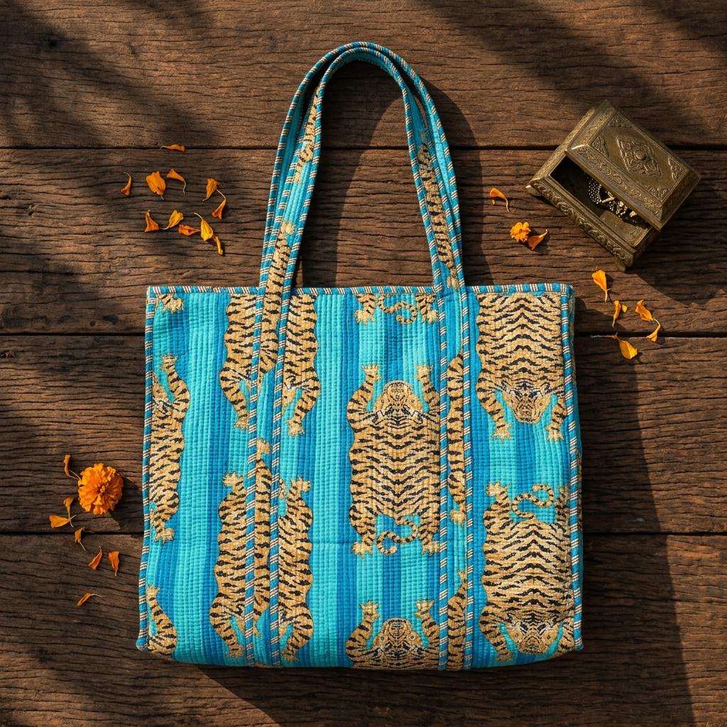 Blue Tiger Quilted Cotton Tote Bag, Handcrafted Shoulder Shopper Purse, Animal Travel Handbag