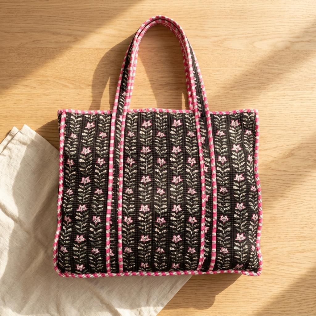 Black Floral Quilted Cotton Tote Bag, Handcrafted Shoulder Shopper Purse, Striped Travel Handbag