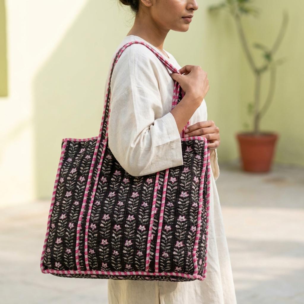 Black Floral Quilted Cotton Tote Bag, Handcrafted Shoulder Shopper Purse, Striped Travel Handbag