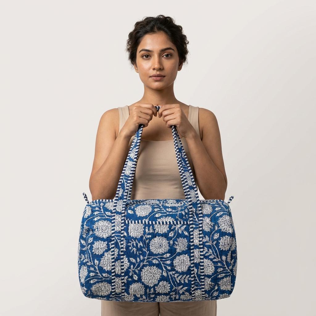 Blue Floral Quilted Cotton Duffle Bag, Handcrafted Travel Weekender, Patterned Gym Overnight Purse