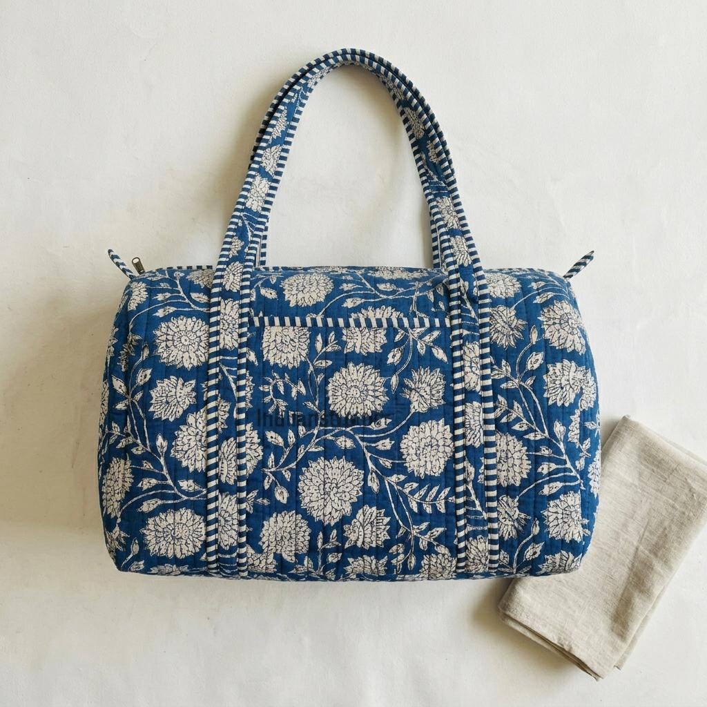 Blue Floral Quilted Cotton Duffle Bag, Handcrafted Travel Weekender, Patterned Gym Overnight Purse