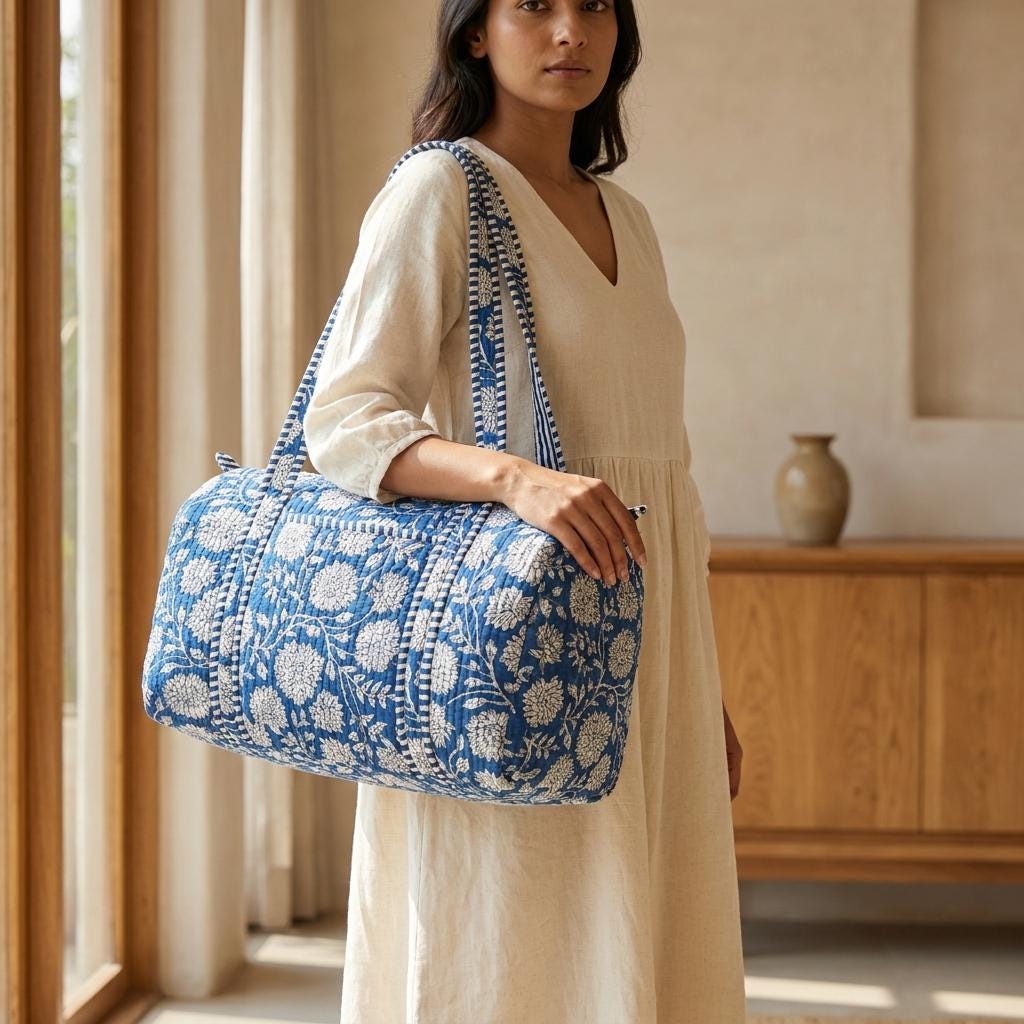 Blue Floral Quilted Cotton Duffle Bag, Handcrafted Travel Weekender, Patterned Gym Overnight Purse