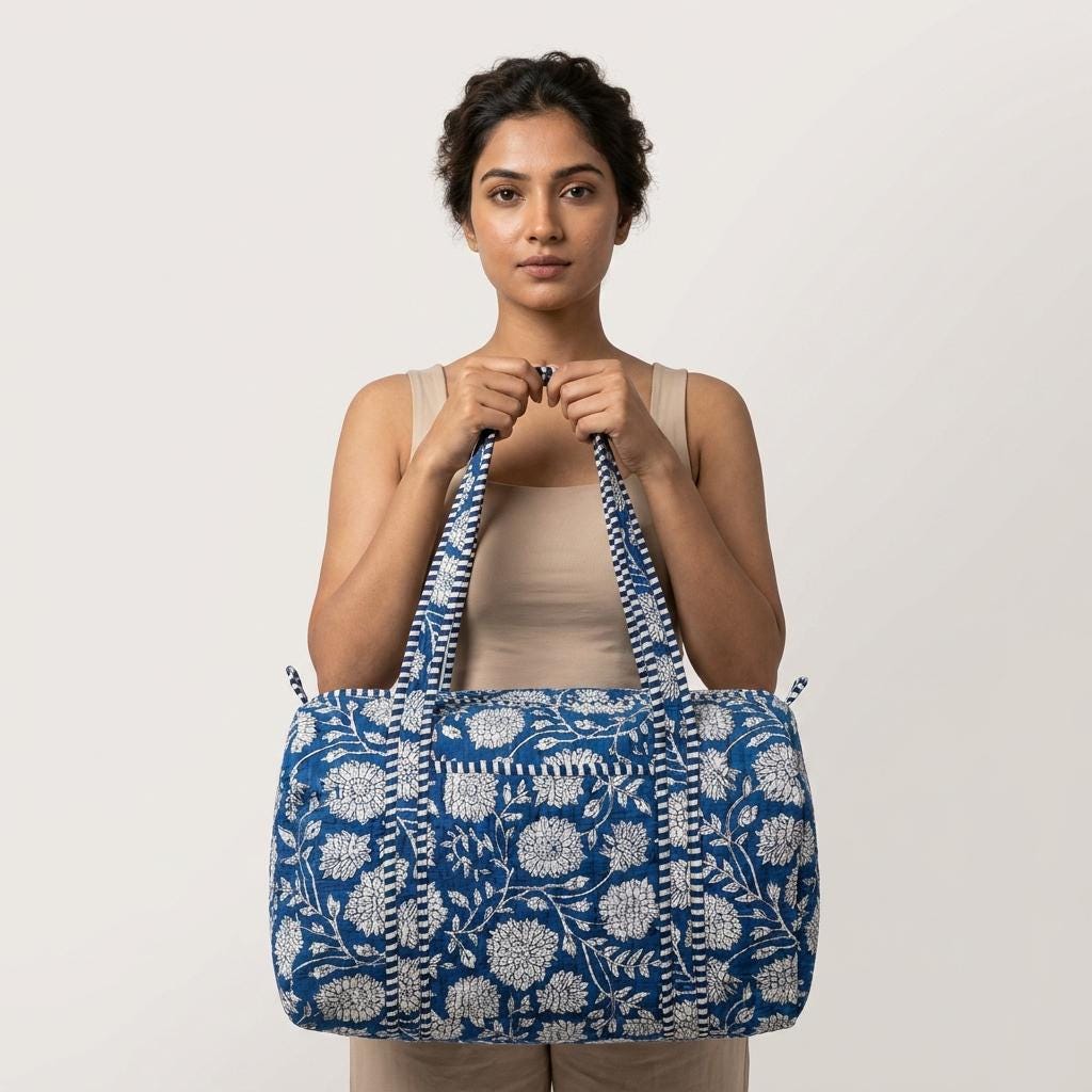 Blue Floral Quilted Cotton Duffle Bag, Handcrafted Travel Weekender, Patterned Gym Overnight Purse