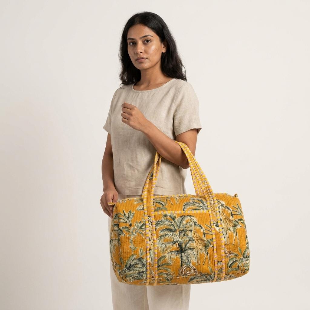 Yellow Safari Quilted Cotton Duffle Bag, Handcrafted Travel Weekender, Patterned Gym Overnight Purse