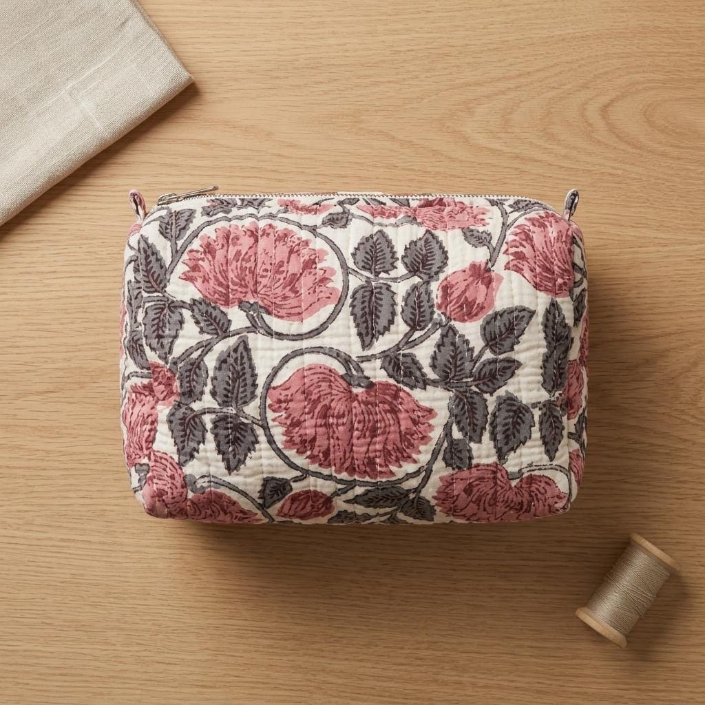 Rose Peony Quilted Makeup Bag Set, Handcrafted Cotton Cosmetic Pouch, Floral Travel Organizer
