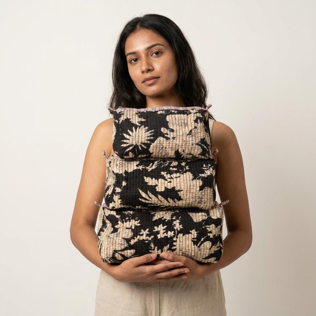 Black Floral Quilted Makeup Bag Set, Handcrafted Cotton Cosmetic Pouch, Tropical Travel Organizer